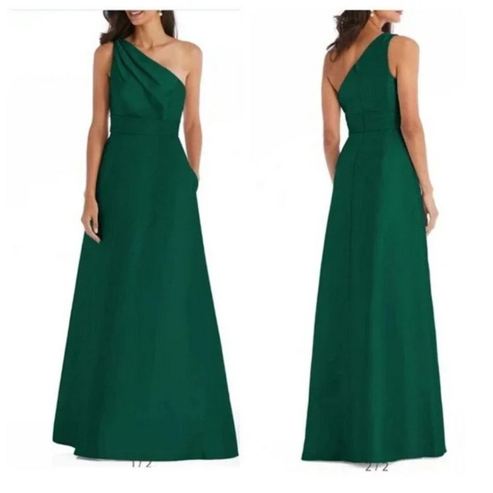 Alfred Sung Hunter Green One-Shoulder A-Line Gown D815S